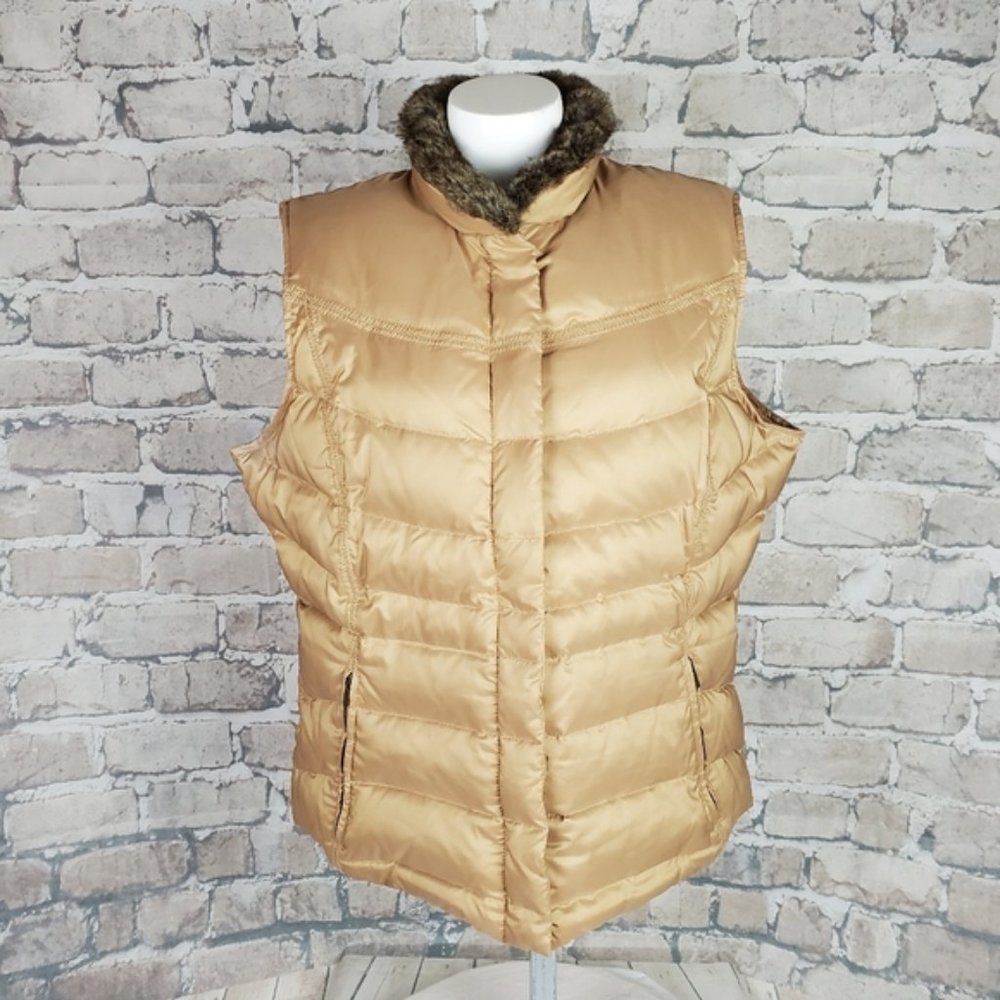 Eddie Bauer Goose Down Quilted Puffer Vest XL Soft Gold Faux Fur Trim